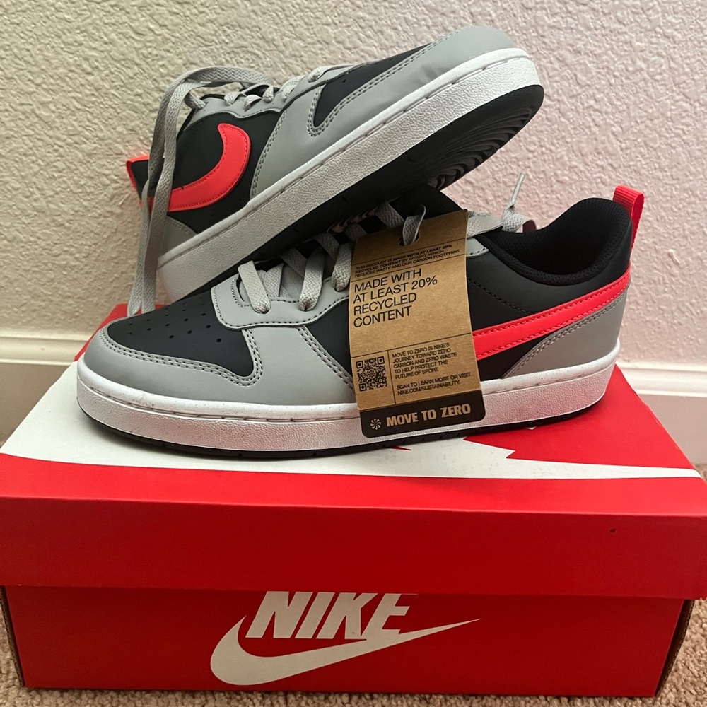 Brand New Nike Court Borough Low GS Light Smoke Bright Crimson